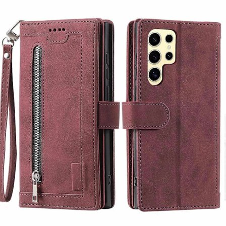 Samsung Galaxy S25 Ultra -puhelinkotelo PU-nahkaa vetoketjullisella lompakolla ja 9 korttipaikalla - Täydellinen tyyli E