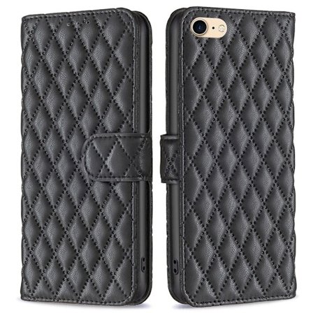BINFEN COLOR iPhone 7 / 8 / SE (2020) / SE (2022) BF Style-14 Imprinted Rhombus Pattern Case Horizontal Stand Matte Vegansk Læder Wallet Cover - Sort