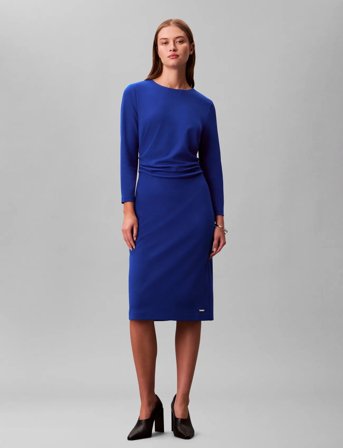 Calvin Klein Stretch Crepe Ls Gathered Dress - Blue - 34