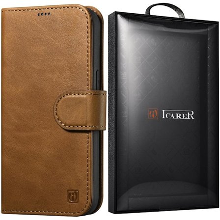 iCarer Oil Wax Lommebokveske 2-i-1 iPhone 14-deksel Leather Flip Cover Anti-RFID Brun (WMI14220721-TN)