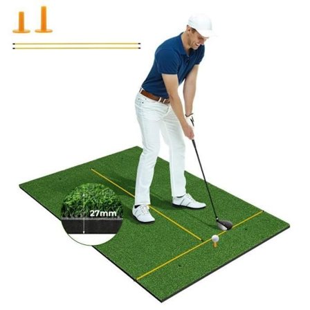COSTWAY Golf træningsmåtte 152 x 92 x 2,7 cm med 2 tee-positioner og 2 justeringsstave 6 forborede tee-huller