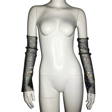 Dame Albue Armermer Dekorative Rhinestones Hansker Utdrikningslag Kostyme Glitrende Ermer Dame Scene Rekvisitter Svart AB diamant