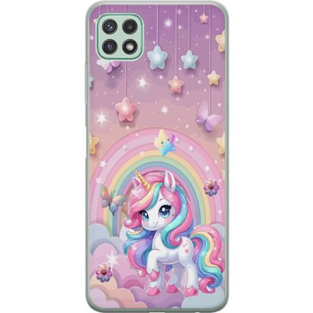 Kompatibel Mobilcover til Samsung Galaxy A22 5G Magisk enhjørning med regnbue manke, stjerner og sommerfugle mod en pastelfarvet himmel med skyer