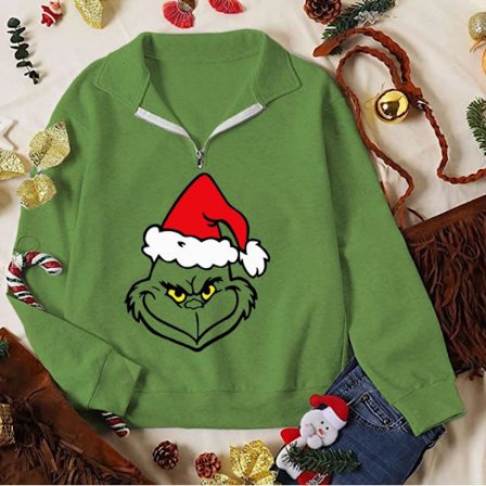 Grinch Dam Casual Långärmad Jultryckt Tröja