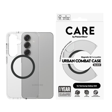 PanzerGlass CARE Galaxy S25 Urban Combat Qi deksel (sort) Slank design, glatt grep, Qi-kompatibel, laget av resirkulert materiale