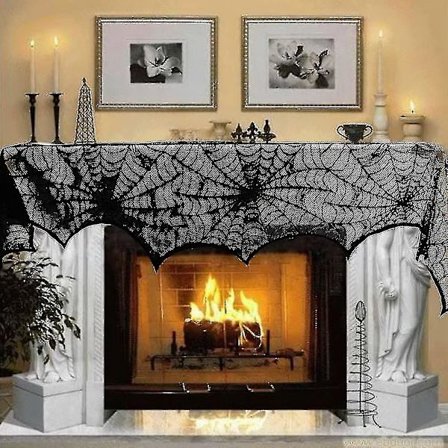 Spismantel-sjal för öppen spis, dekorationer i vit spets, spindelvävsöverdrag för öppen spis, festliga festtillbehör, 18 x 98 tum (svart)