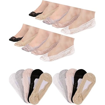 10 paria pitsisukkia, liukuesteiset nilkkasukat, näkymättömät sukat naisille (5 väriä) (koko: yksi koko)