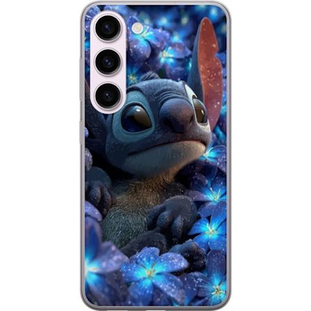 Kompatibel Mobilcover til Samsung Galaxy S23 Stitch i en blå blomsterbed med bløde farver og drømmende Disney-følelse, hvor Stitch sidder omgivet af b