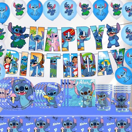 Barnkalas tillbehör, blå Stitch papperstallrik, pappersmugg, flaggset, banderoll, bordsduk dekoration