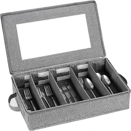 Opbevaringskasse til bestik, sølvtøjsopbevaringsboks med justerbare rumdelere med lynlåslåg, stor kapacitet, grå