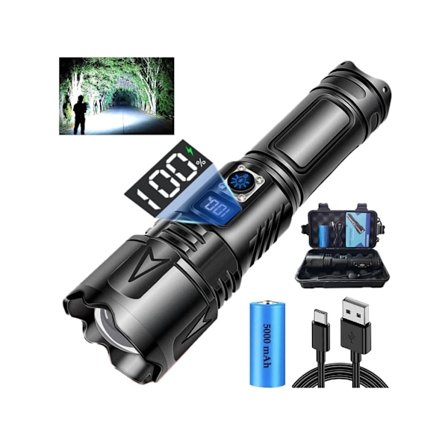 Usb-C Oppladbar LED Lommelykt 100 000 Lumen Batteridrevet Vanntett Zoom 5 Moduser Svart