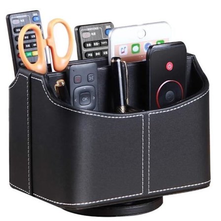 Roterende fjernkontrollholder, multimedieorganisator med 5 rom, multifunksjonell PU-skinn skrivebordsorganisator, svart