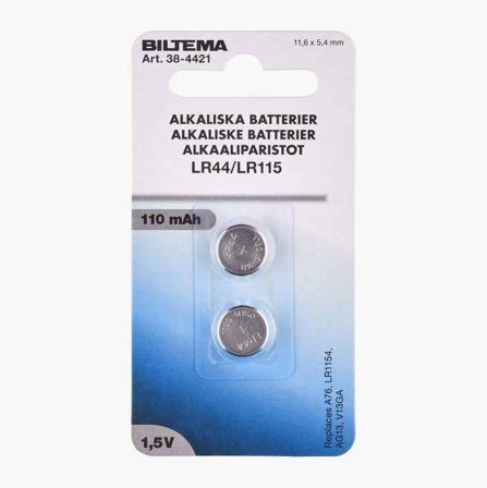 Biltema - Alkalisk Knappecellebatteri LR44/LR1154, 2 stk., for Elektronikk, Tilsvarer V13GA AG13 A76