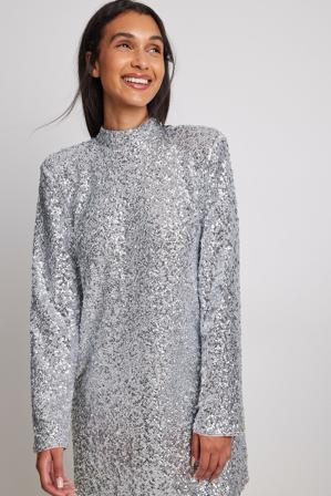 NA-KD Party Robe courte à col montant et sequins - Robes de fête - Argent - EU 34