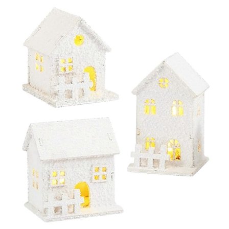 3-osainen valaistu joulukyla, valkoinen, mini-majakka, vierastalo, jouluinen lyhty LED, koristeellinen puutalo skandinaavinen, joulu (FMY)