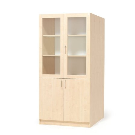Wooden storage cabinet THEO with half glass doors, 1000x600x2100 mm, birch