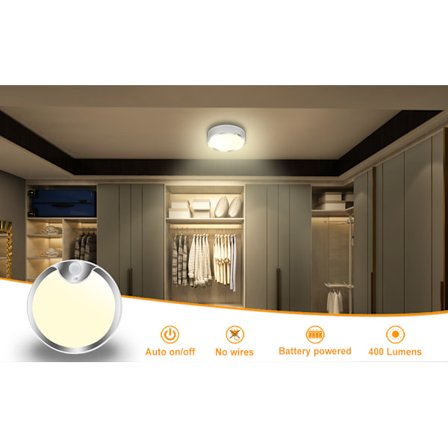 Yurnero 80 LED-paristokäyttöinen liiketunnistimella varustettu kaappivalaisin, 400 lm, 3200 K, 7,8 tuuman johdoton kattovalaisin kaappiin, portaisiin,