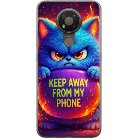 Yhteensopiva Puhelinkuori Nokia Nokia 3.4 Vihainen pörröinen sininen kissa, jossa teksti "Pidä loitolla puhelimestani" neonväreillä ja tulimaisil