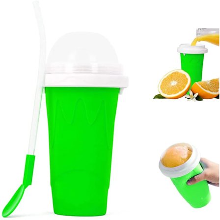 Klemmekopp, frysekopp, milkshake smoothie kopp med 2-i-1 sugerør og skje, bærbar klemmekopp (grønn)