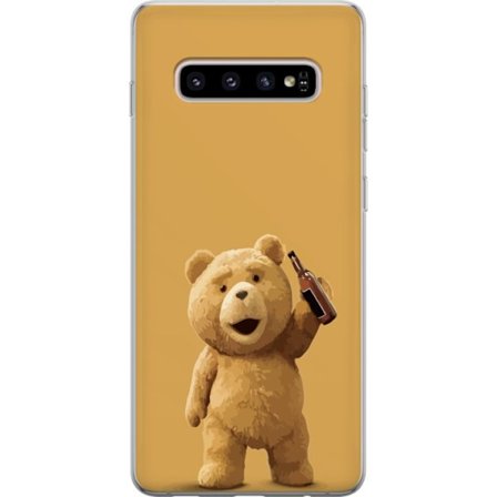 Kompatibelt Mobildeksel til Samsung Galaxy S10+ Søt teddybjørn med ølflaske i hånden på gul bakgrunn, humoristisk illustrasjon for plakater, mobildeks