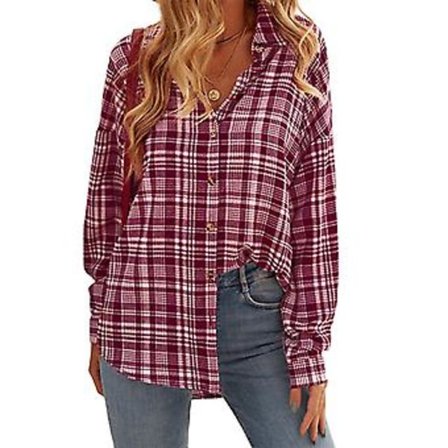 Lös skjorta för damer med krage, långärmad topp, rutig blus (S Röd)