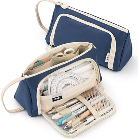 Stor Kapacitet Holdbart Penalhus, Penalhus med Multifunktionelle Rum, Pennetaske, Creme-Mørkeblå