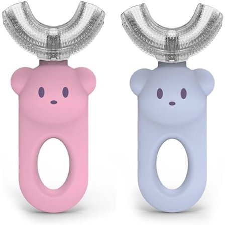 U-formet tannbørste for barn 2 stk, 360 U-formet tannbørste rundt om, flytende silikon U-formet tegneserie tannbørste for barn 2-6 år, rosa og blå