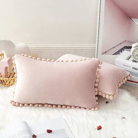 Set med 2 Fyrkantiga Mjuka Sammetskuddfodral med Pompoms Hem Dekorativa Örngott för Vardagsrum Soffa Sovrum 30x50cm Rosa (FMY)_yux