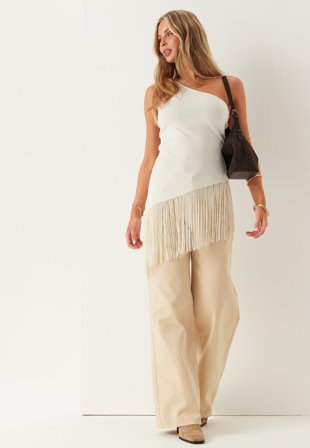 BUBBLEROOM - One Shoulder Fringe Top - Cream