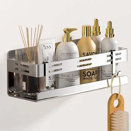 Ruostumattomasta teräksestä valmistettu kylpyhuonehylly ilman porausta, 2 koukulla kylpyhuoneeseen ja keittiöön