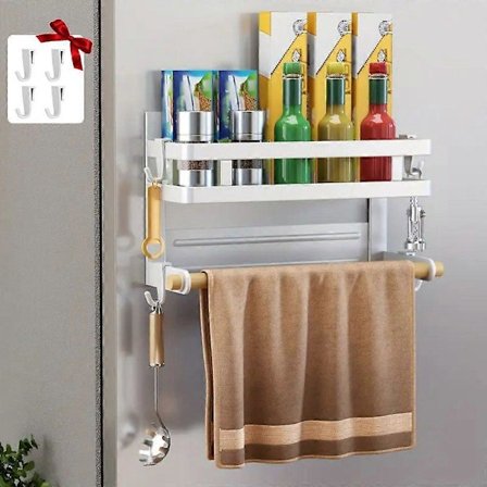 Magnetisk papirhåndklædeholder krydderihylde med 4 kroge til køkkenorganisering og opbevaring