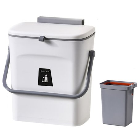 2 i 1 Kjøkkenavfallsbøtte med skyvelokk, Avfallsbøtte under vask, 9L Avfallsbøtte med innerbøtte, Bærbar hengende (Hvit)