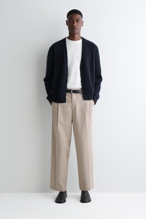 COS Men's Cotton-Twill Straight-Leg Pleated Trousers in Beige