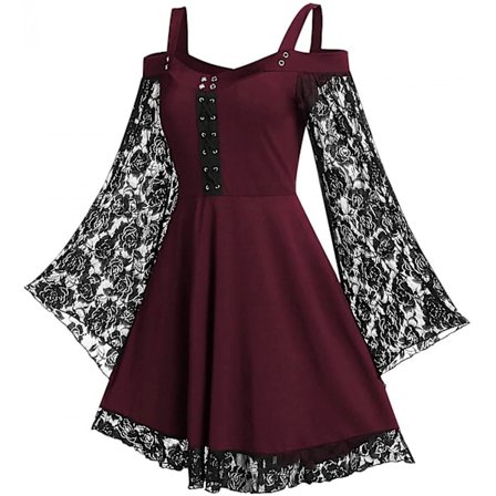 Vintage Spets Dam Klänning Plus Size Goth Bandage Damer kalla axel sexiga klänningar