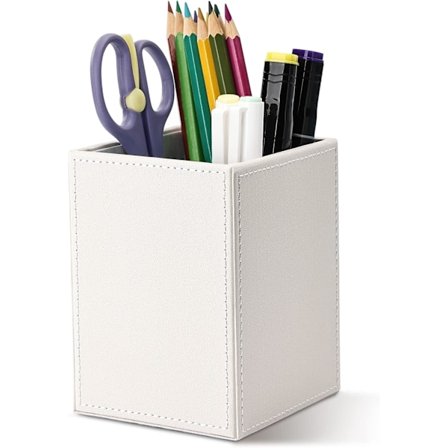 Nahkainen kynäteline, neliönmuotoinen kynäpurkki, monitoiminen pöytäkynälaatikko, pöytäjärjestäjä, kynäkuppiteline, meikkisivellinteline, valkoinen