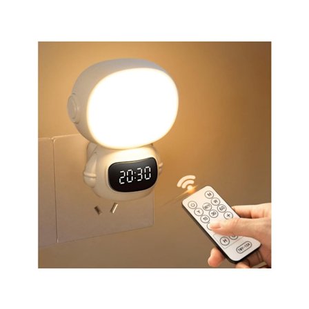 LED-nattlampa med klocka och fjärrkontroll, vit, dimbar nattlampa med timer och 3 ljusfärger, batteridriven lampa