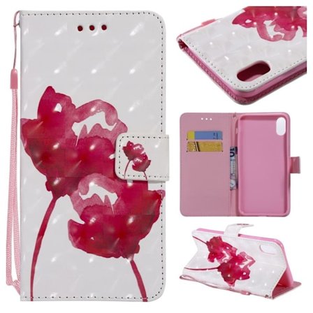 iPhone 9 Plus beskyttelses deksel av syntetisk skinn med printet mønster og lyse flekker dekor - rød blomst