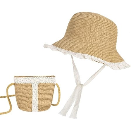 Flicksolhat til piger, sommerhat i strå og lille taske med blondekant til strand, rejser og vandring