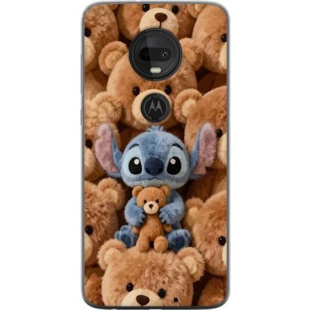 Kompatibel Mobilcover til Motorola Moto G7 Stitch omgivet af brune teddybjørne med en lille teddybjørn i armene i en sød og hyggelig kawaii-design