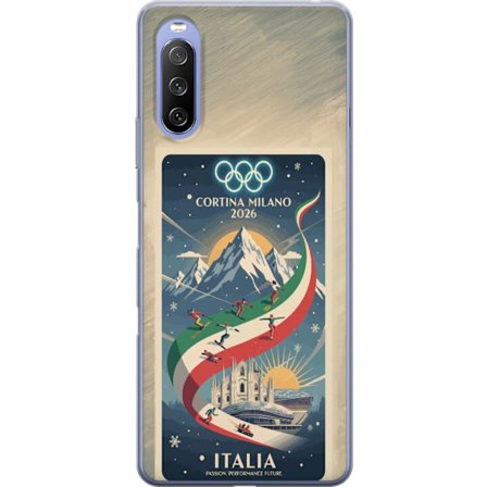Yhteensopiva Puhelinkuori Sony Xperia 10 III Mäkihyppykuvitus, jossa hiihtäjä tähtää kiväärillä lumisella radalla, teksti Milano Cortina 2026 ja olymp