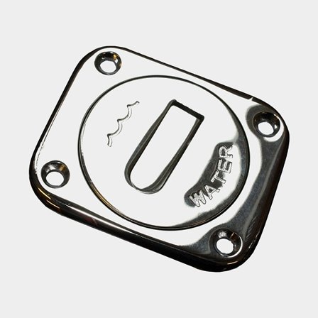 Däcksförskruvning fyrkantig i polerat 316 rostfritt stål för vatten Ø 38mm, rektangulär däckspåfyllning med uppfällbart vred