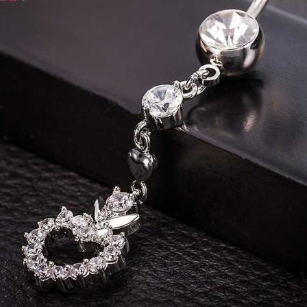 Rustfritt stål hvite mageknappringer hjerter lang dinglende med rhinestone navle mageknappring Silver