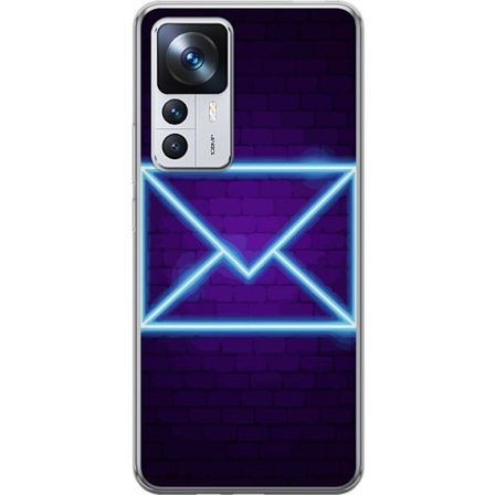 Kompatibel Mobilcover til Xiaomi Xiaomi 12T Pro Neon illustration af kuvert i blåt lys mod lilla teglvæg, moderne symbol for beskeder kommunikation