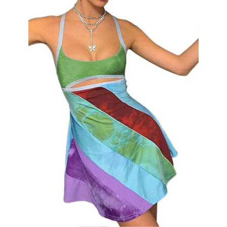 Vintage Cami-kjole for kvinner Retro Bodycon Mini-kjoler Mote Fargerik Stripet Trykk Fitted Stropp Kjole Fi