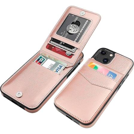 Iphone 13-deksel med lommebok og kortholder, premium skinnmagnetisk lås kickstand heavy duty deksel for Iphone 13 (Rose Gold)