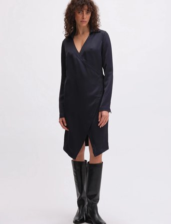 REMAIN Birger Christensen Satin Wrap Dress - Navy - 36