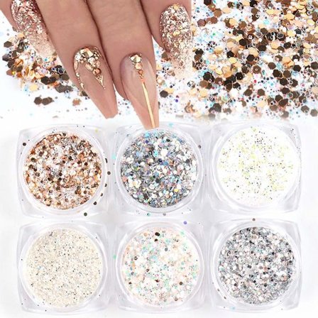 6-Låds Holografiska Nagel Flakes – 3D Vintage Glitter för Konst Manikyr