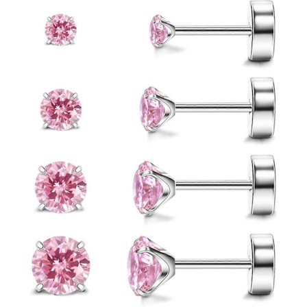 Hypoallergeniske flade øreringe til kvinder og mænd, 4 par implantat-titanium ørestikker med flad bagside til brusk, skrue bagpå ren titanium