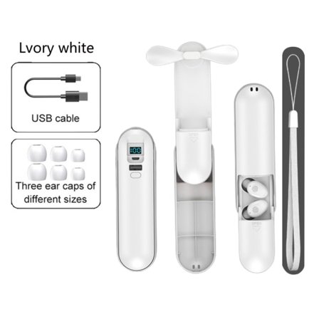 Uusi TWS-kuulokkeiden latauskotelo taskulampulla, kädessä pidettävä tuuletin 3 in 1 -muotoilu, kannettava, valkoinen