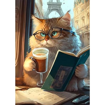 30x40cm, 5D kissa juotavaa teetä diamond painting strassikirjonta